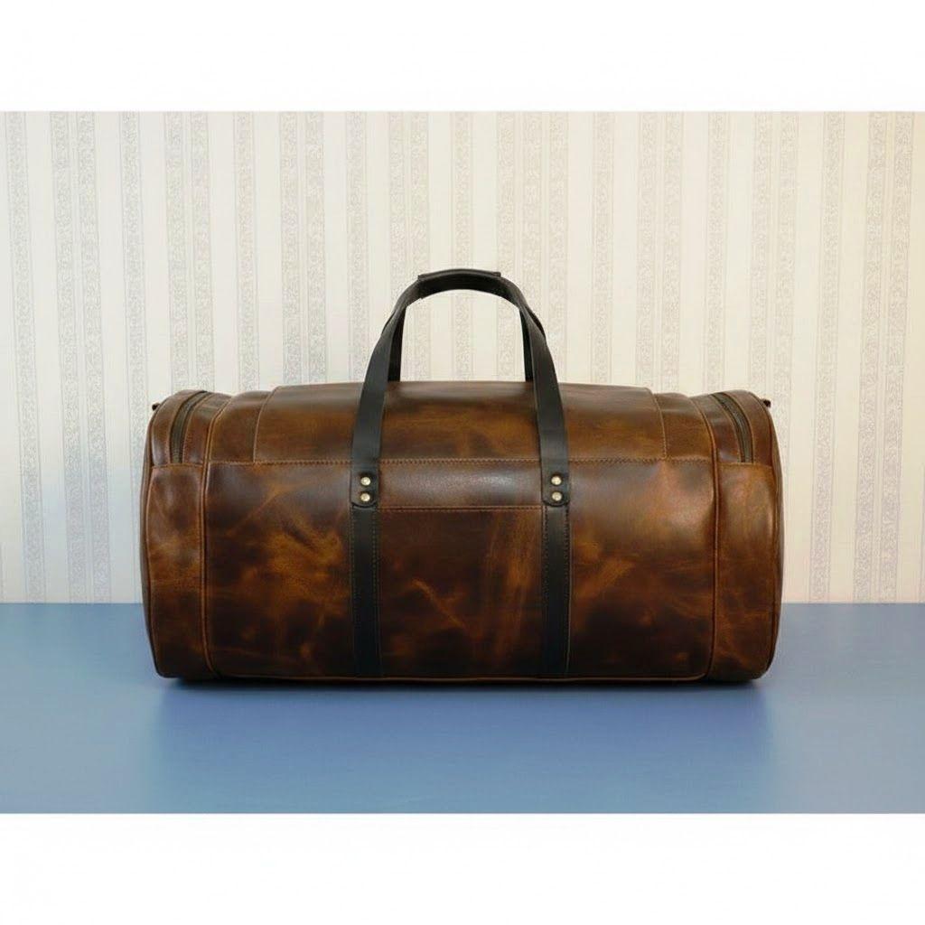 Duffeltas van volnerf leer 24-Handgemaakte heren weekendtas van buffelleer-Schoudertas voor overnachting-Ideaal cadeau voor mannen