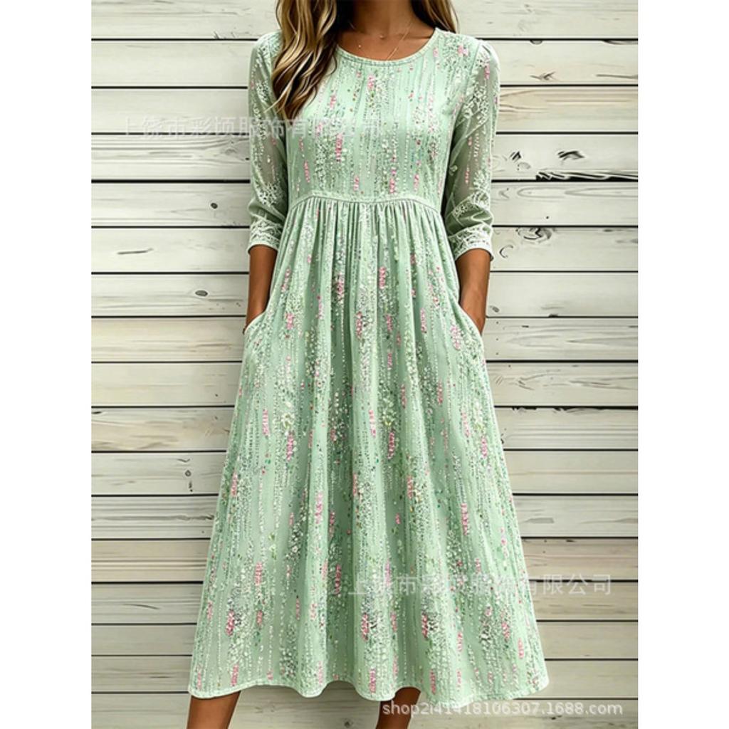Women's Crew Neck Long Sleeve Loose Fit A-Line Midi Dress Casual 3D Floral Print