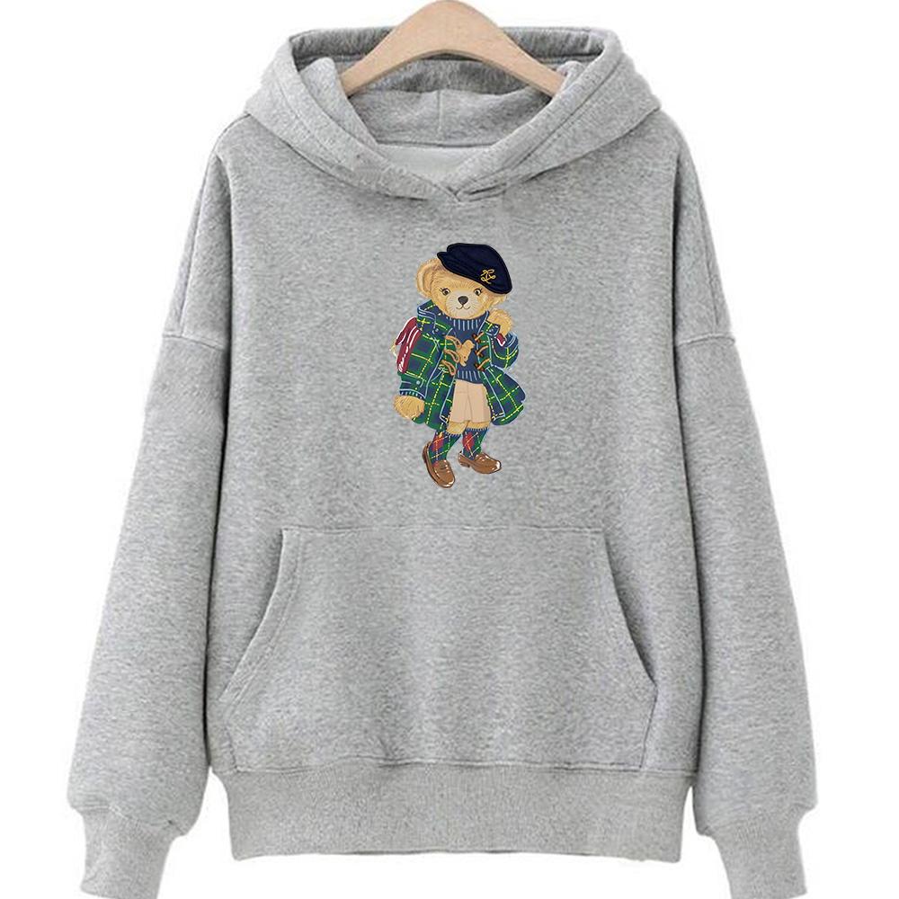 Cute Bear Printing Hoodies Women Trendy Sweatshirts Winter Fleece Clothing Comfortable Casual Long Sleeve Oversized Pullovers
