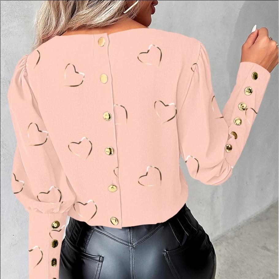 Damen Frühlingshemden Herz-Print Rundhalsausschnitt Langarm Locker Blusen Mode Lässig Knopf Elegant Büro Damen Oberteile