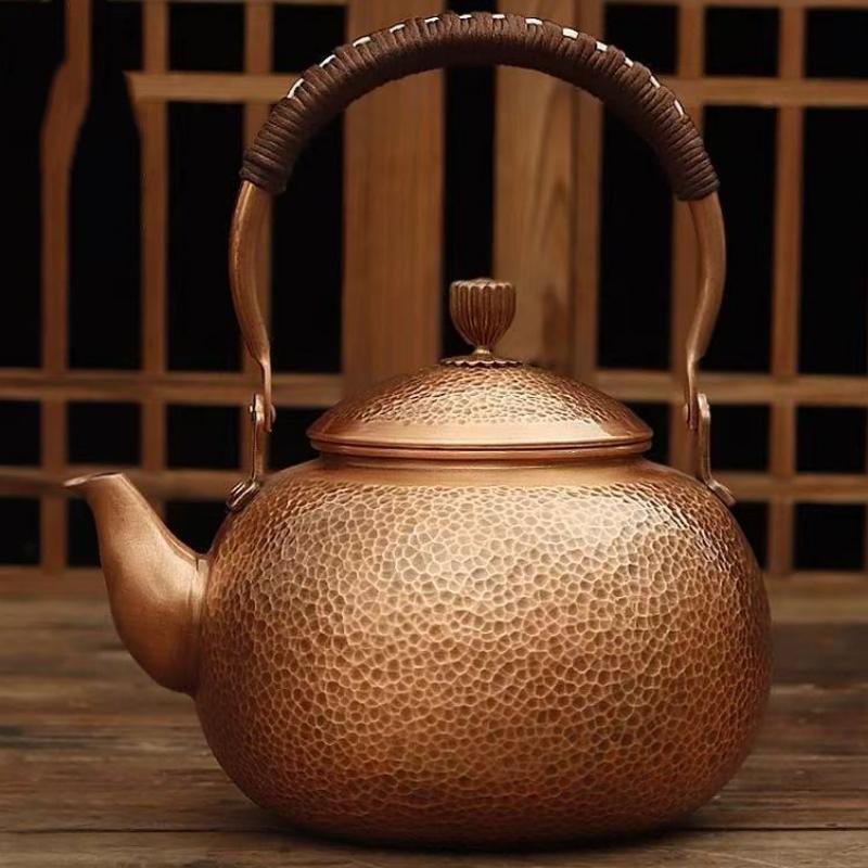 Handcrafted Vintage Large Size Copper Coffee Pot,Thickened Hammer Texture Weave Handle 1600 ml Heat Resistant Filter Tea Kettle
