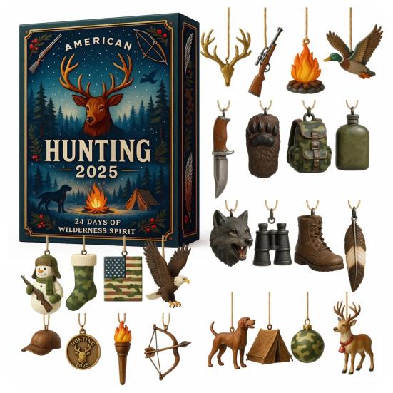 American Hunting Advent Calendar 2025 24 Days Christmas Countdown with 2D Hunting-Themed Surprises And Mini Survival Charms for Hunters Outdoorsmen