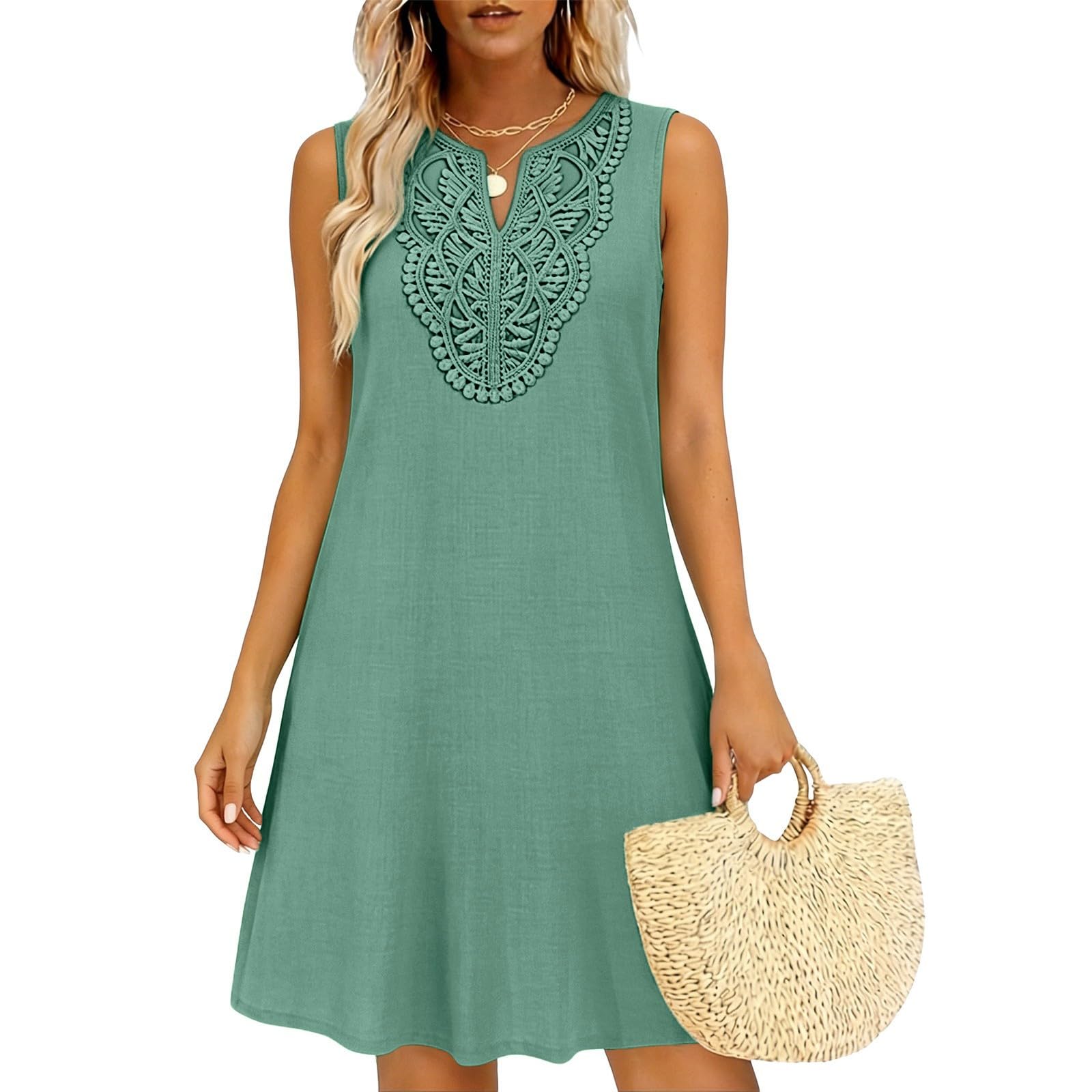 

Women Sleeveless V Neck Mid Length Dress Casual Beach Cover Up Linen Blend Summer Dress with Embroidered Detail XL зелений