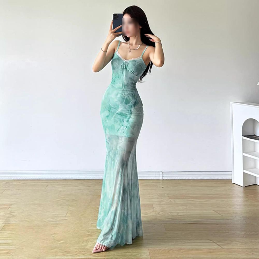 Spice Girl 2025 cold hem mesh halter V-neck temperament long dress hip wrap thin skirt suspender dress