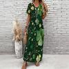Women Plus Size V Neck Short Sleeve Clover Printed Dark Green Long Straight Dress
