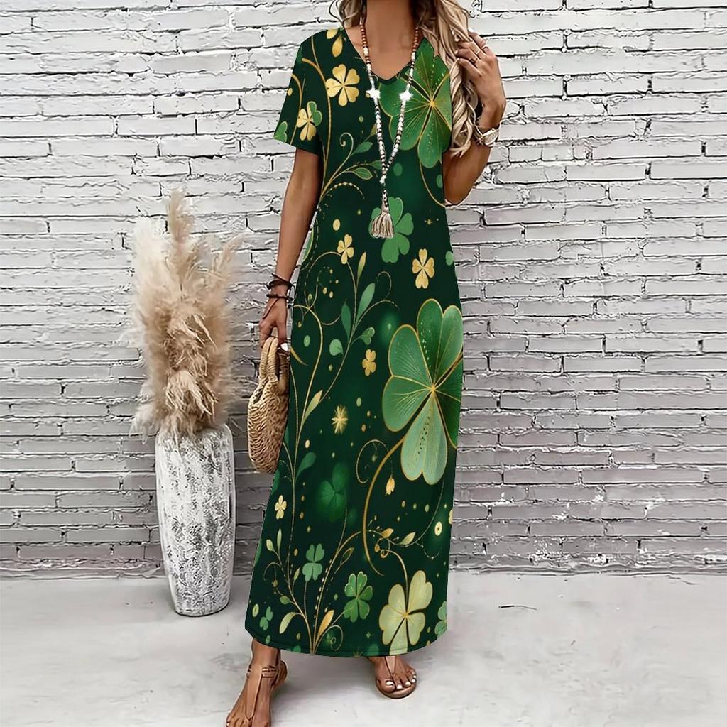 Women Plus Size V Neck Short Sleeve Clover Printed Dark Green Long Straight Dress