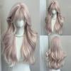 Women's Grey Pink Long Curly Synthetic Wig With Bangs Natural Long-Smooth Heat Resistant Wavy Wig For Cosplay Daily Wear
