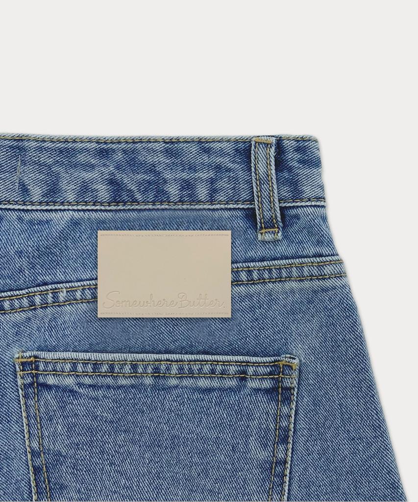 Sseomweeobeoteo Cutting Half Denim Pants - Middle Blue