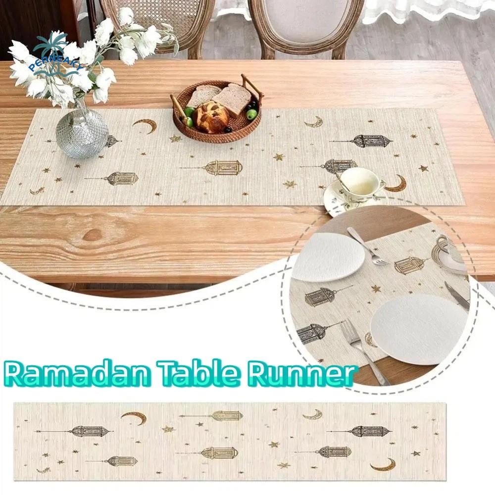 Vintage Ramadan Table Runner Washable Traditional Moon Star Table Runner Floral Pattern Dinner Table Cloth Home Decor