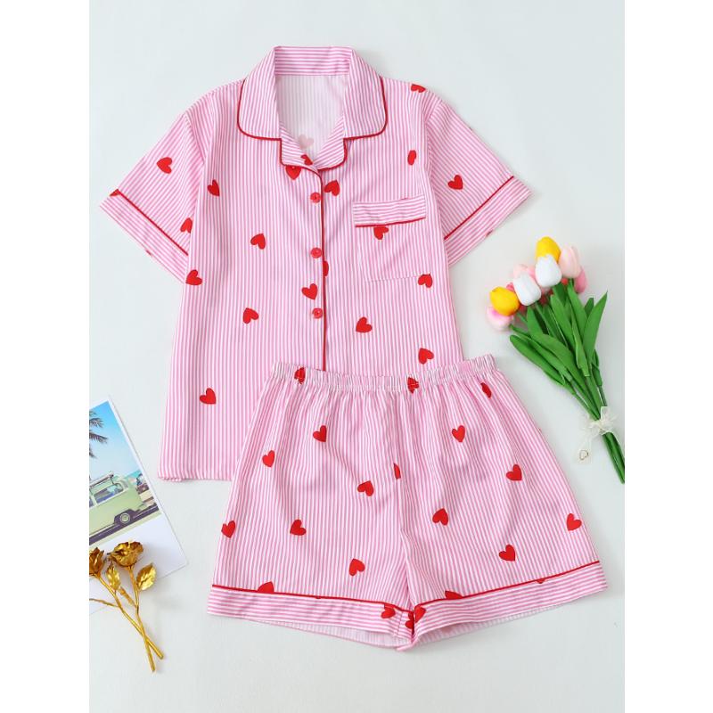 Summer Women Short Sleeve Top and Shorts 2 Piece Set Pajamas Female Fashion Casual Loose Sleepwear Bow Print Cardigan Pyamas Set