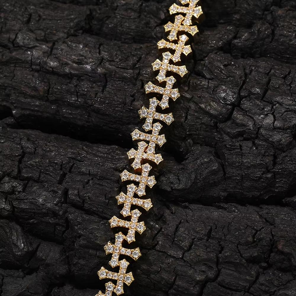 11.5mm Iced Out 5A CZ Brass Cross Link Bracelet Spring Clasp Vintage Religious Hip Hop Jewelry for Men