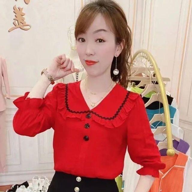 

New Slim Summer Korean Doll Neck Shirt Women Fashion Half Sleeve Ruffe Chiffon Blouse Vintage Solid Color Bottoming Top S-2XL L червоний