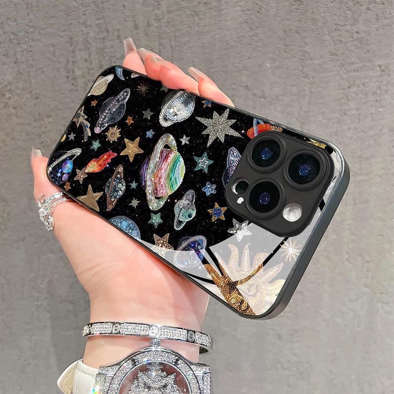 Capa de Celular de Vidro Temperado com Padrão de Sol, Totem, Estrelas, Lua e Planeta para iPhone 17 Pro Max 16 15 14 13 12 11 16E 7 8 Plus XR XS X