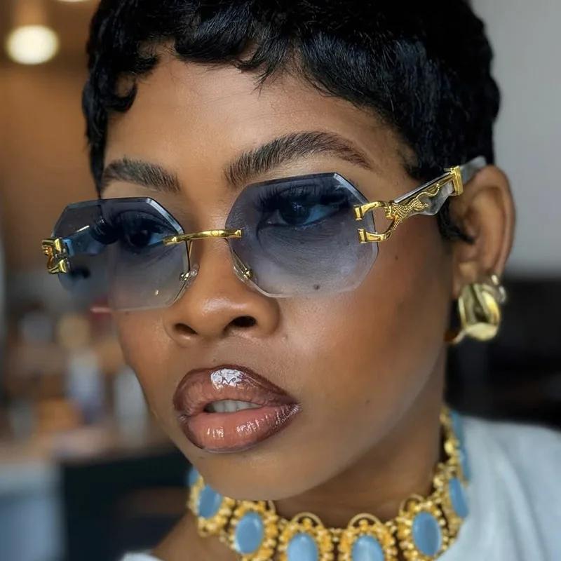 y2k Rimless Octagon Sunglasses ladies For Men Luxury Designer Vintage Punk Popular Gold Leopard Head Sun Glasses UV400