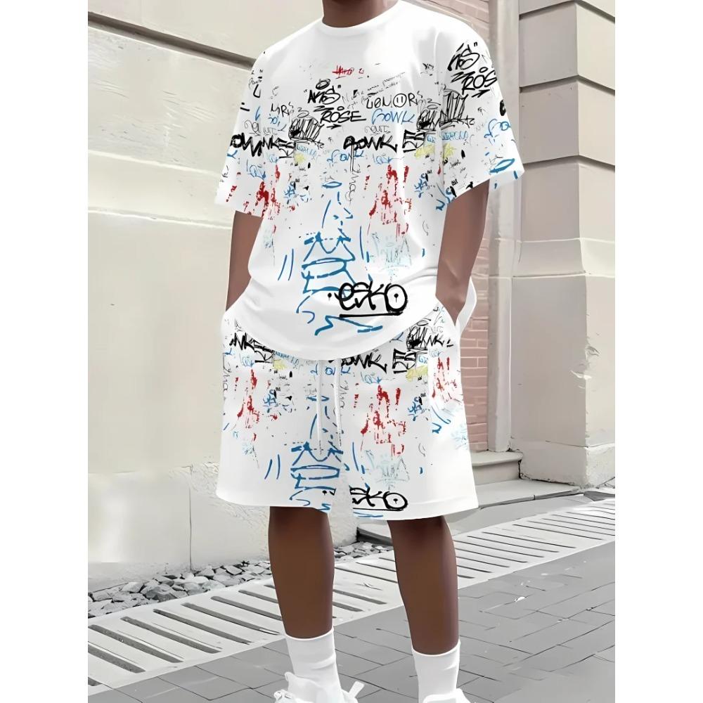Herren Sommer Buchstabe Graffiti Print Übergroß Zweiteilig Einfach Lässig Streetwear König Druck Strand Anzug Bequem Weich Atmungsaktiv Shorts Sport Set
