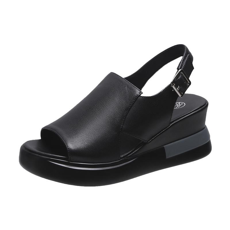New Summer Thick-soled Wedge Heel Leather Sandals Women's Fashion Rear Empty Soft Leather Fish Mouth Shoes Heightening Muffin Shoes