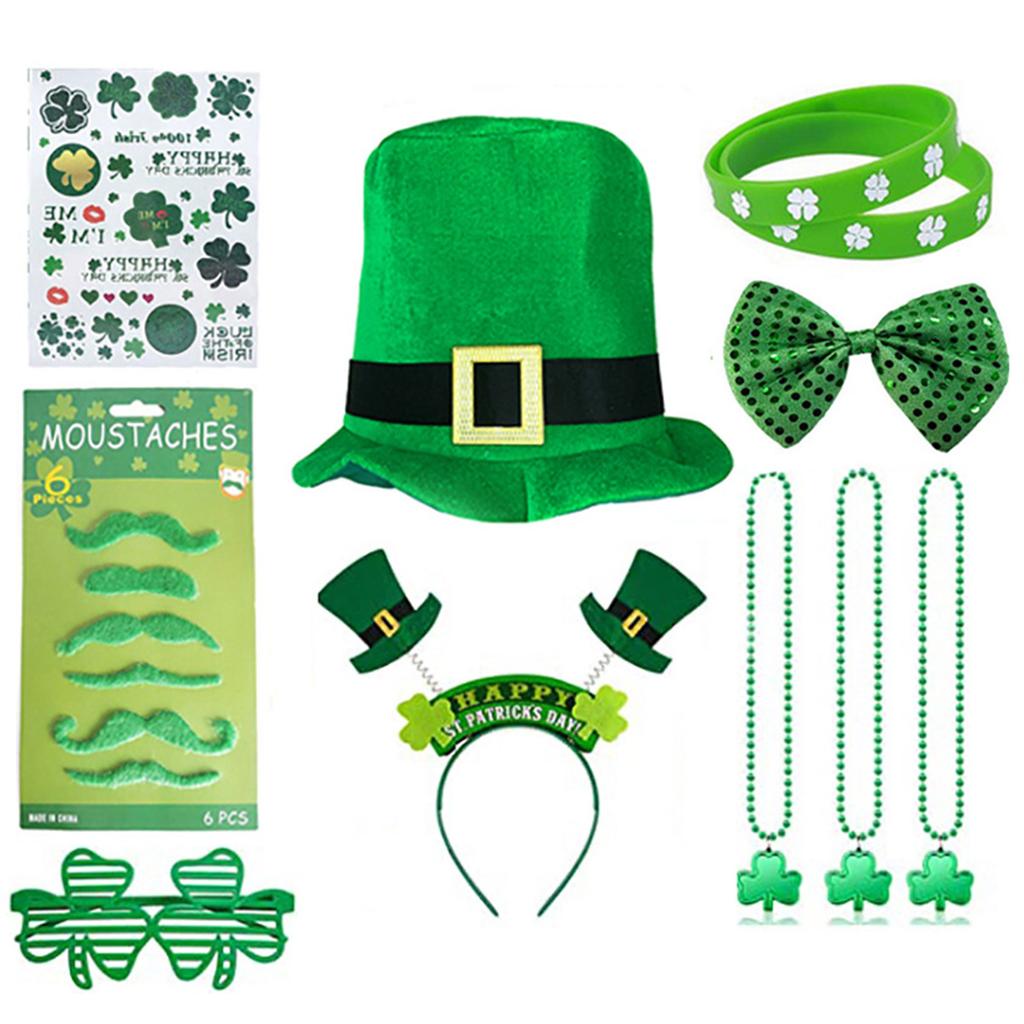 St Patricks Day Women Flat Top Velvet Hat with Bangles&Necklace&Glasses&Stickers&Mustaches Festival Costume for Cosplay