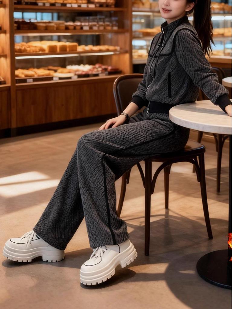 Women's European Style High-End Casual Sports Set: Spring Slimming Velvet Hoodie & Wide Leg Pants Two-Piece