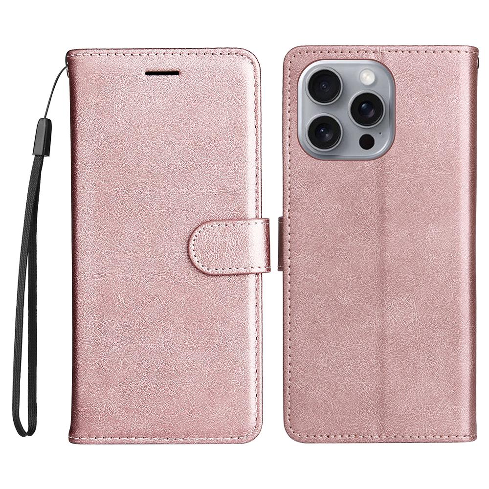 

For iPhone 16 Pro Max Case Solid Color Leather Mobile Cover Wallet Stand with Strap Rose Gold