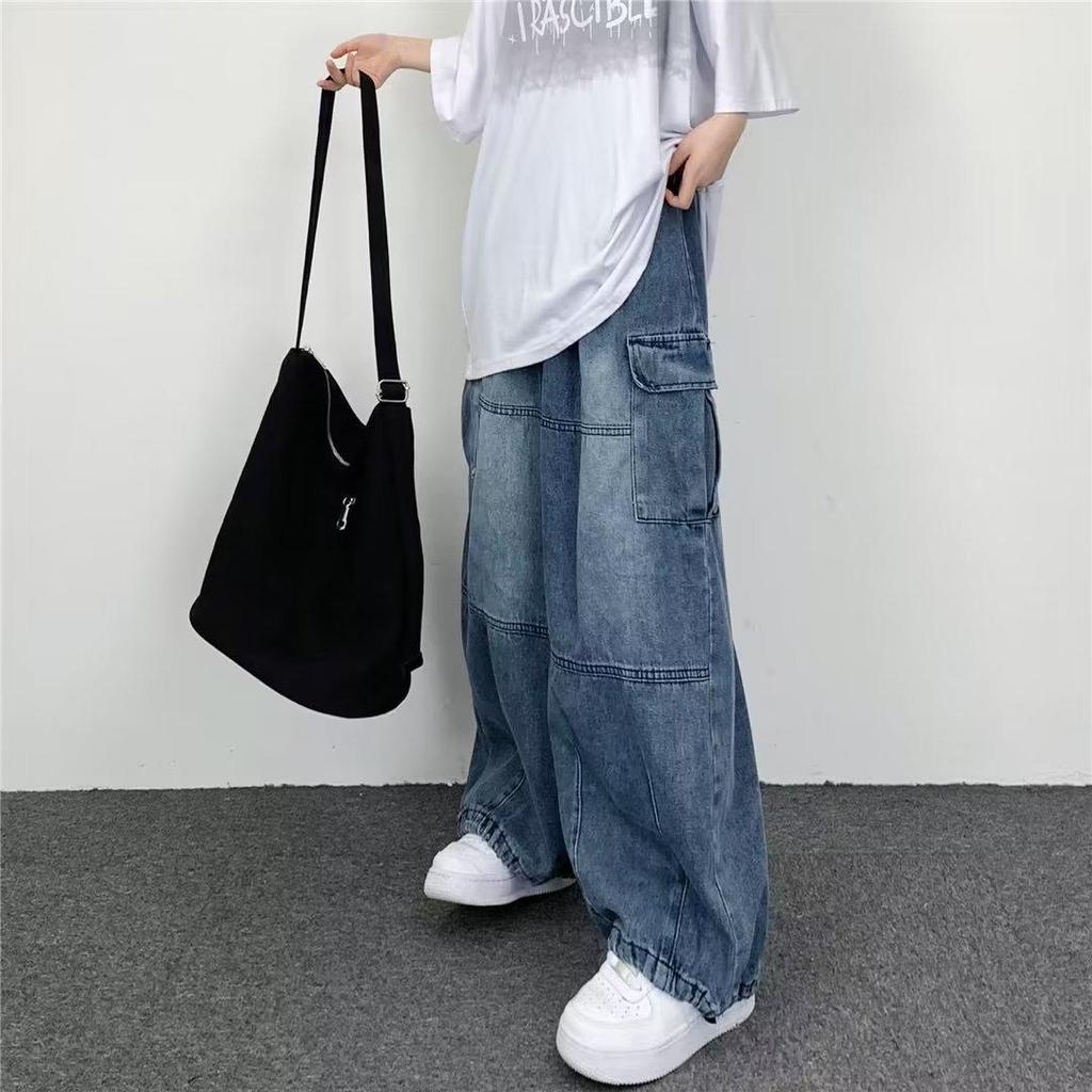 Men's Japanese Retro Wide-Leg Overalls with Large Pockets - Spring/Summer Trendy Loose Fit Jeans