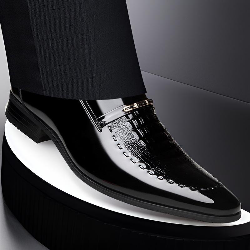 Men's Plus Size Crocodile Pattern Patent Leather Business Slip-On Shoes, Pointed Toe, Shiny Finish