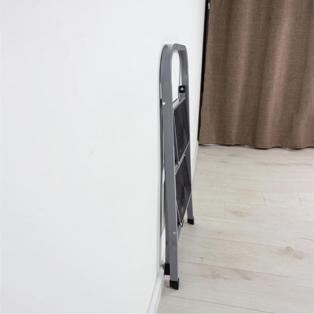 Ladder 2 Steps Household Ladder Foldable Steel Metal Gray 150 Kg