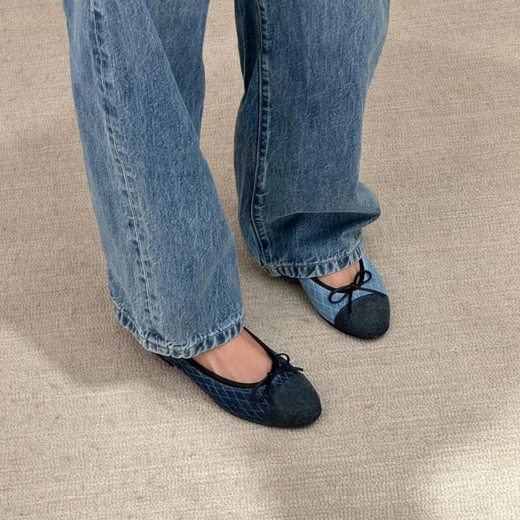 Sheepskin version~ Xiaoxiangfeng leather denim soft-soled single shoes women's spring plaid Mary Jane flats ballet shoes