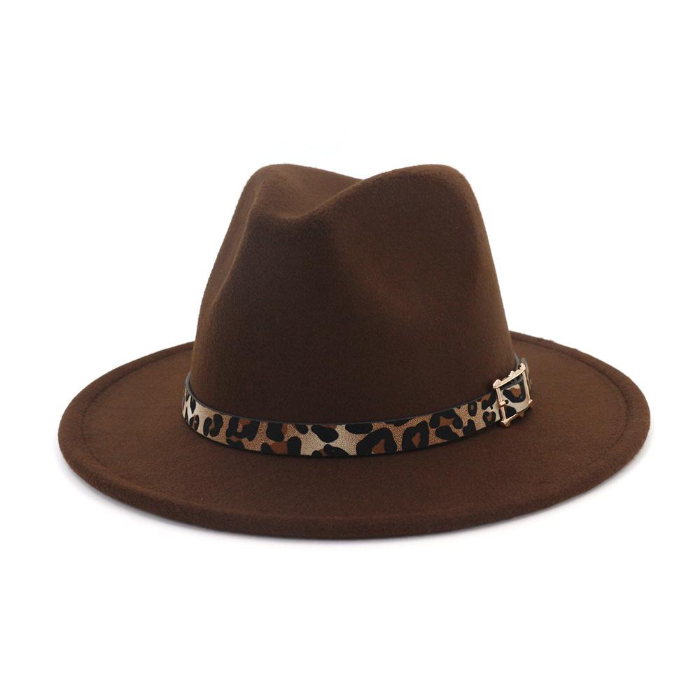 19 Color Women'S Wide Brim Felt Fedora Panama Hat With Leopard Belt Buckle Party Trilby Cowboy Hat Fashion Jazz Cap