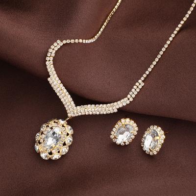 Premium Rhinestone Zircon Necklace Earrings Bridal Jewelry Party Versatile Set Light Luxury Design Earrings Women