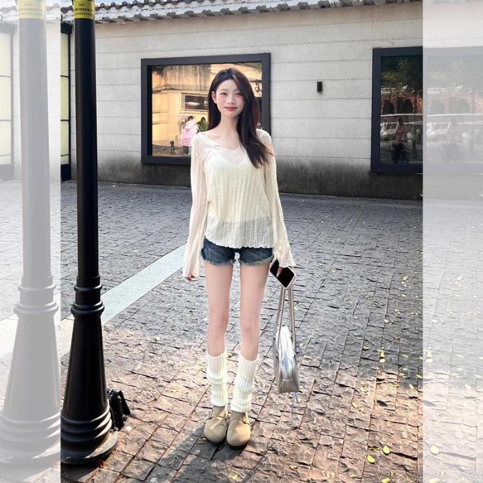 Lazy pure wind loose fungus edge V-neck long-sleeved blouse women S абрикосовый