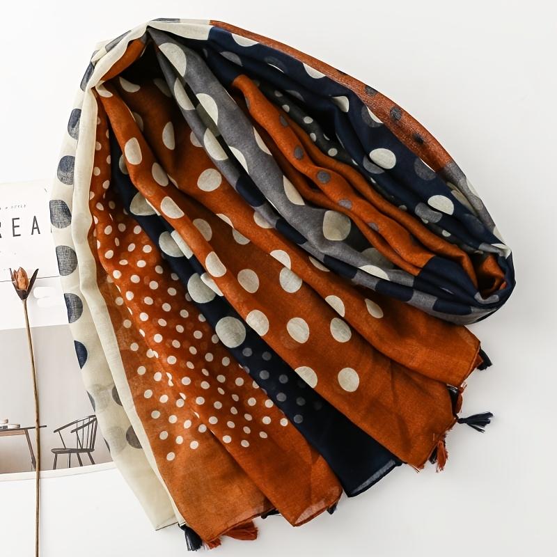 French-style vintage polka dot patchwork color-block scarf for women, holiday-style shawl, versatile tassel silk scarf