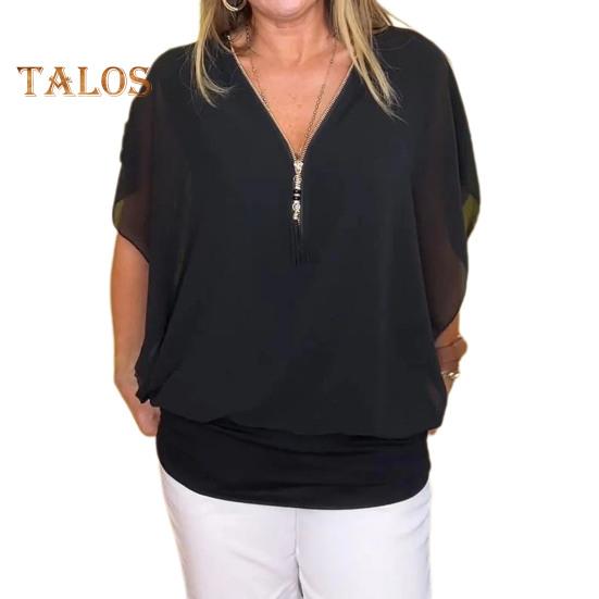 Naiste šifoonpluus V-kaelusega tõmblukk, poolpluus, varrukad, pullover, ühevärvilised vabaaja topid