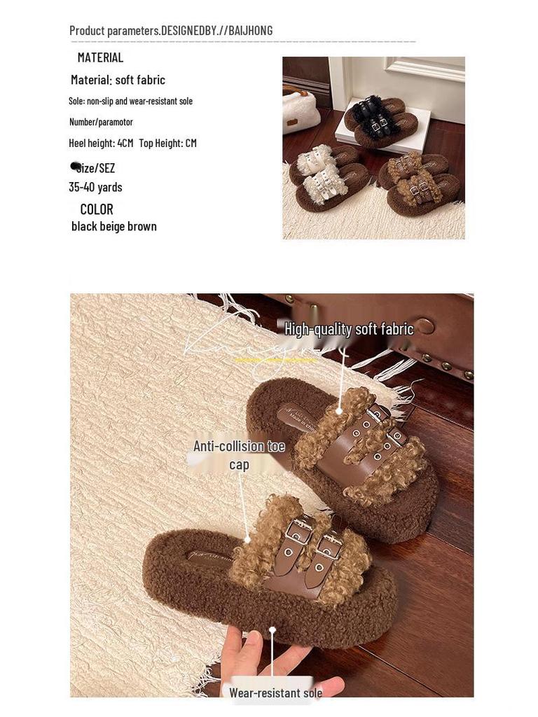 2025 Autumn/Winter Women's Furry Thick Sole Warm Slippers with One Strap and Belt Buckle
