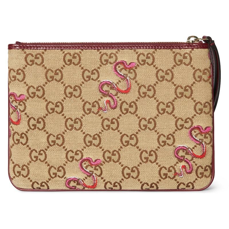 Gucci GG Supreme Canvas Snake Embroidered Wristlet Pouch With Leather Trim For Unisex Daily Use