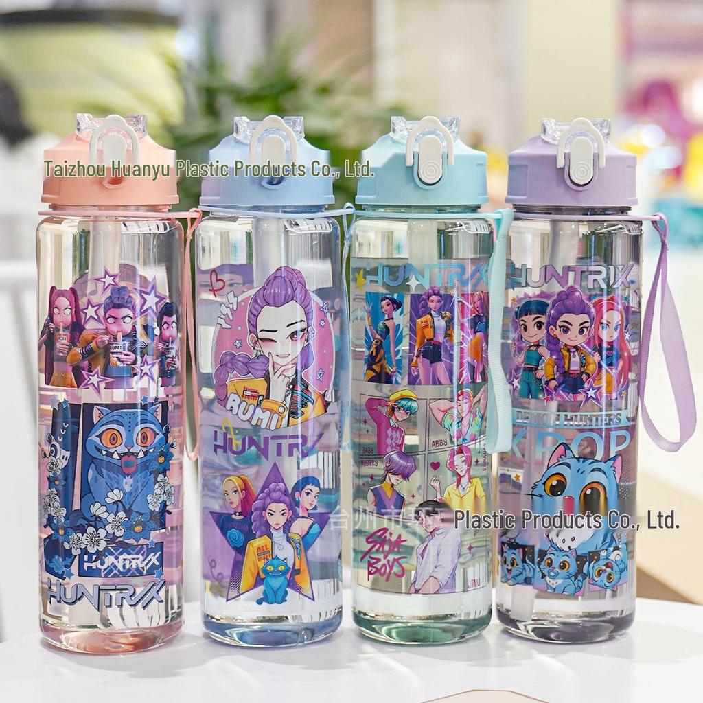 K-POP Demon Hunter Girl Cute Straw Water Bottle, Medium Size, Pop-up Sports Cup with Handle for Students.