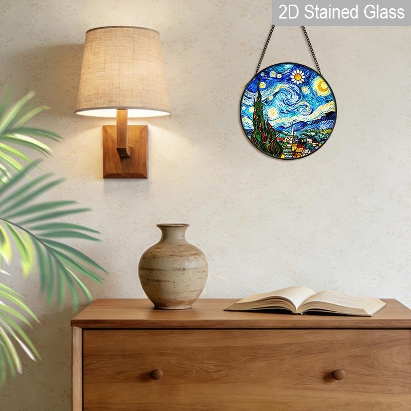 2D Flat Stained Glass Van Gogh Starry Night Window Decoration Colored Glass Plate, 7.87inches Hanging Sun Catcher Ornament with Chain, Charming Home