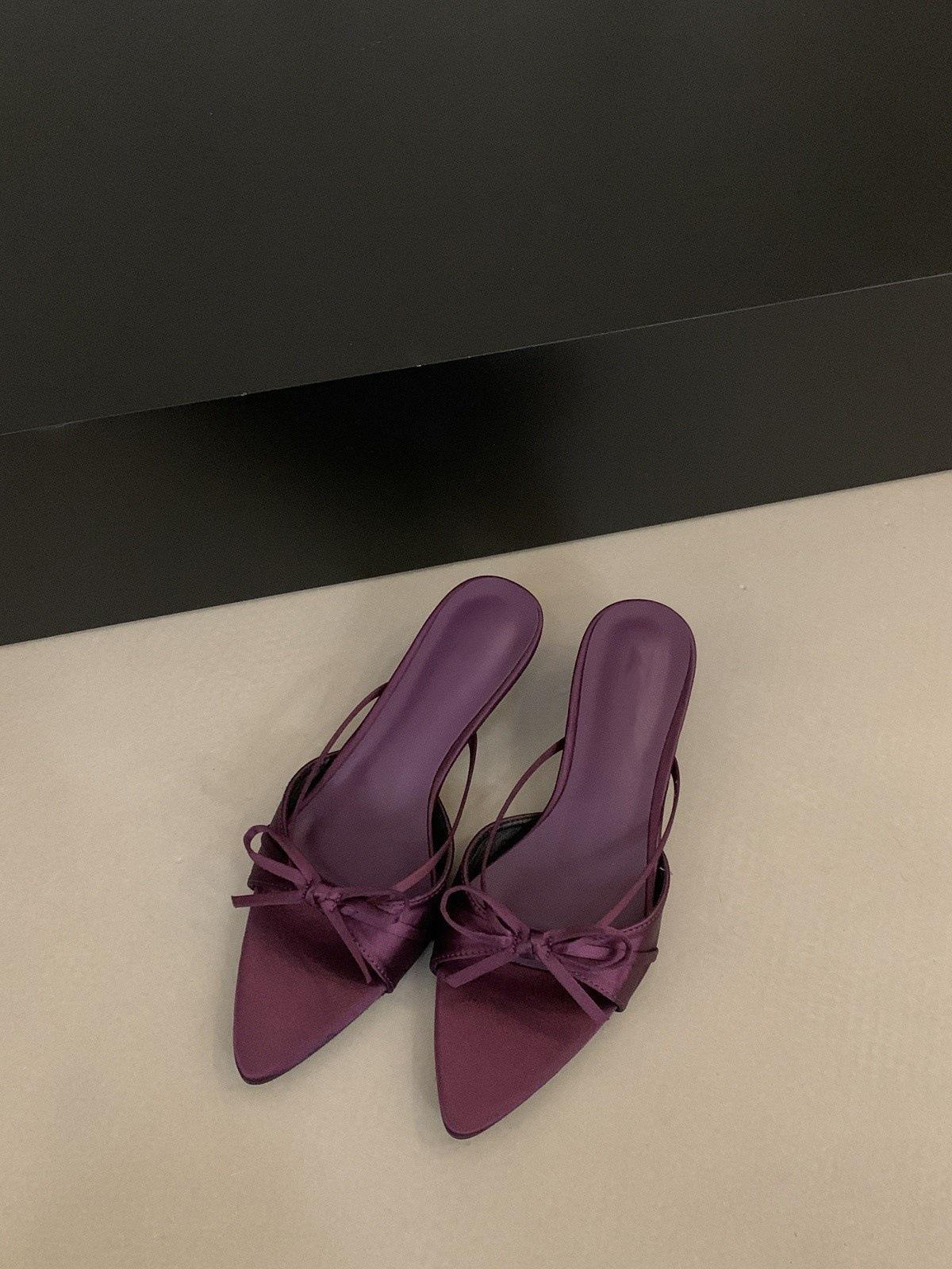 

French kitten heel bow high heel cool slippers women s wear 2025 new summer fashion pointed open-toed sandals 42