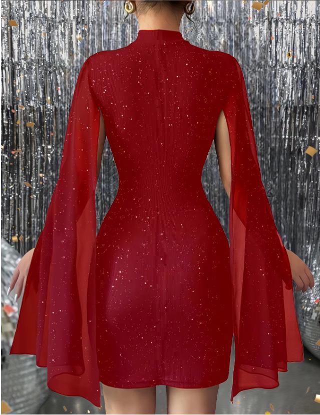 European and American Women's Ribbed Chiffon Cape Bodycon Dress