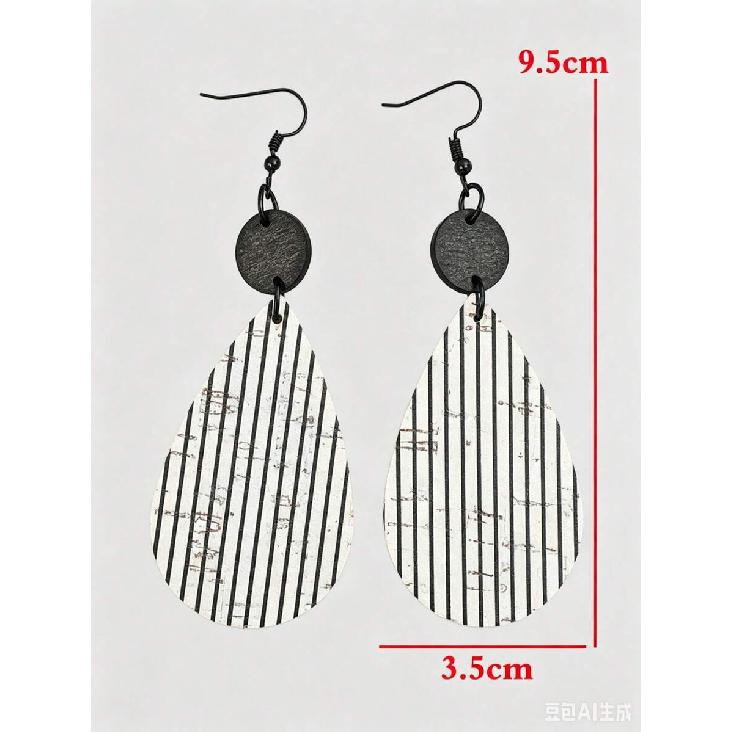 1 Pair Vintage Black Round Wood Slice Patchwork White Background Black Vertical Stripe Distressed Cracked Water Drop Wooden Earrings