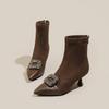 Pointed Fashion High Heel Boots Slim Heel Chelsea Boots Rhinestone Square Buckle Skinny Boots Medium Boots