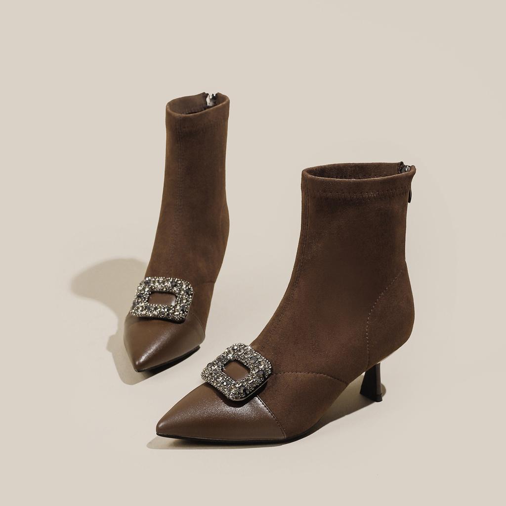 Pointed Fashion High Heel Boots Slim Heel Chelsea Boots Rhinestone Square Buckle Skinny Boots Medium Boots