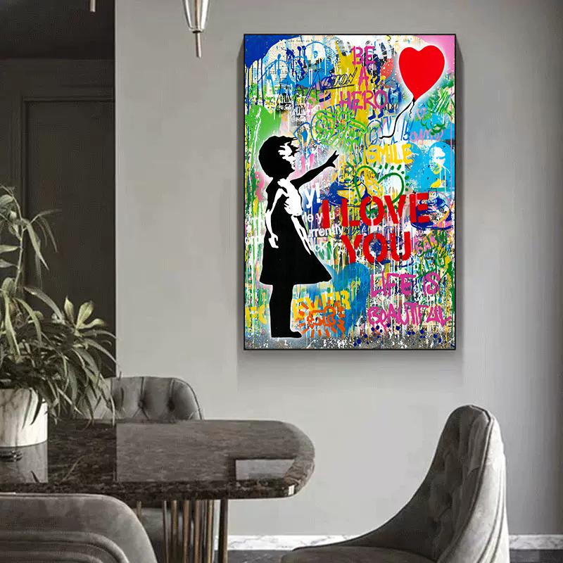 Banksy Art Graffiti-Leinwandgemälde, abstraktes kleines Mädchen mit Ballon, Poster und Drucke, Pop-Street-Wandkunst, Bild, Heimdekoration