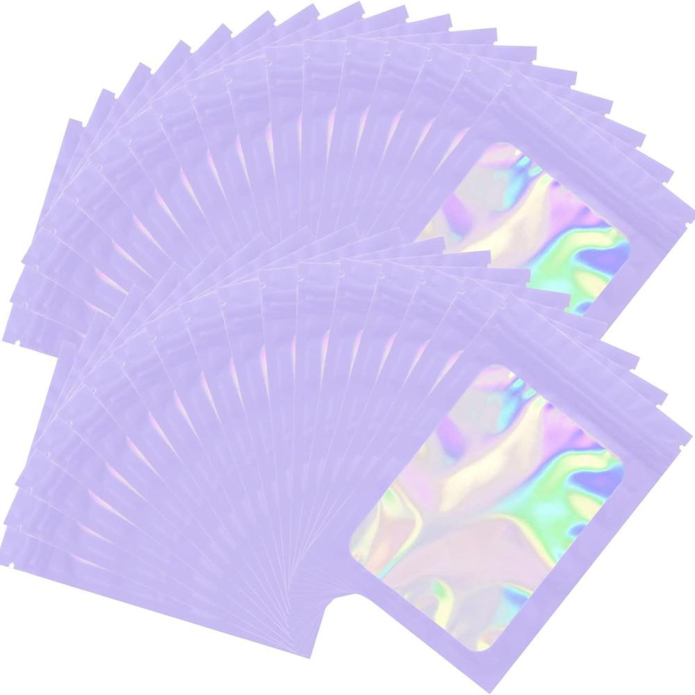 50pcs Holographic Laser Mylar Bags - Thick, Smell Proof, Zip Lock Pouch for Jewelry, Gifts, Retail Storage