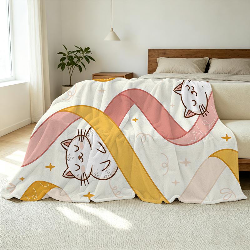 Soft Cozy Cartoon Cat Flannel Blanket | Non-Pilling All-Season Warm Throw for Postpartum Moms, Home & Holiday Decor
