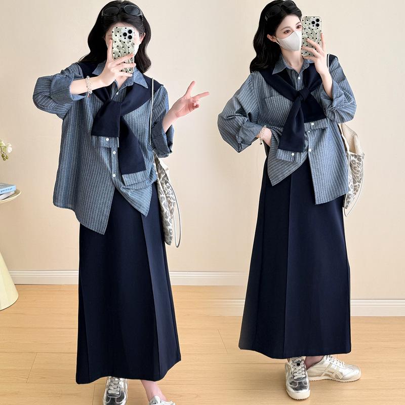 2026 Spring Korean Chic Maternity Three-Piece Set: Shirt, Skirt & Shawl L