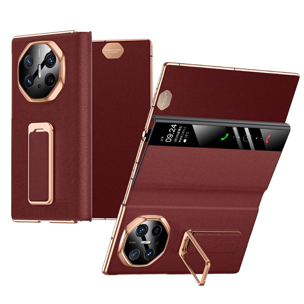 For Huawei Mate XT Ultimate Genuine Leather Case Convertible 270° Rotation Metal Bracket Finger Hand Grip Strap Plating Cover