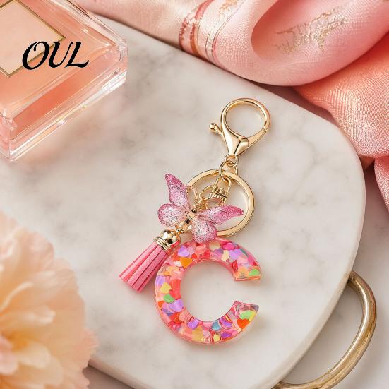 Kompaktes Schlüsselanhänger-Anhänger in Rosa-Serie, Pailletten Herz Initialen-Buchstaben-Anhänger Schlüsselkette mit tragbarem Schmetterlings-Quasten-Design, A-Z Halter für Tasche