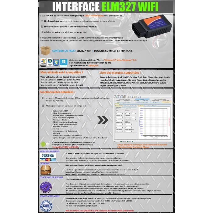 Interface de diagnostic automobile ELM327 Wi-Fi OBD2, multimarque
