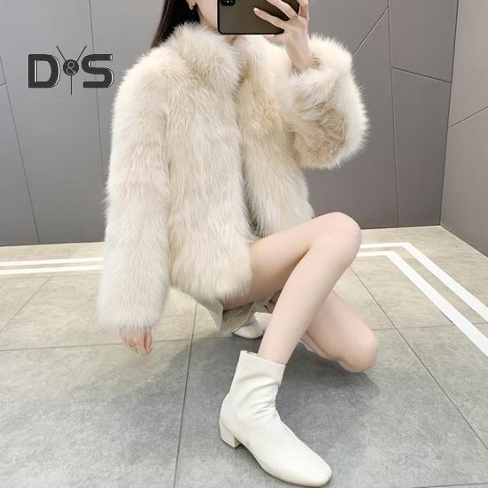 Auutmn Winter Lady Cardigan Coat Furry Plush Stand Collar Heat Retention Long Sleeves Thickened Short Type Solid Color Faux Fur Jacket