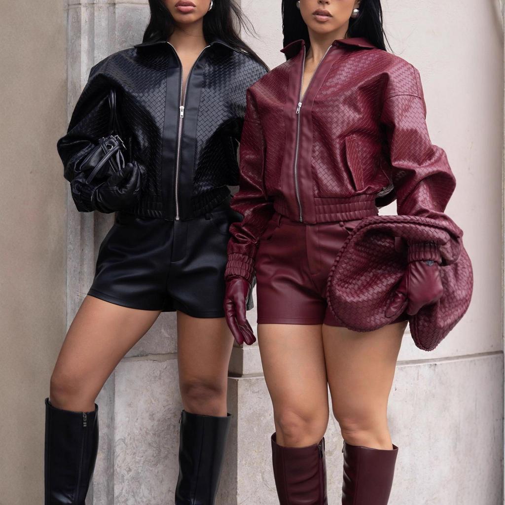 European & American Women's Two-piece Set: Weave Style Lapel Loose Leather Jacket with Shorts